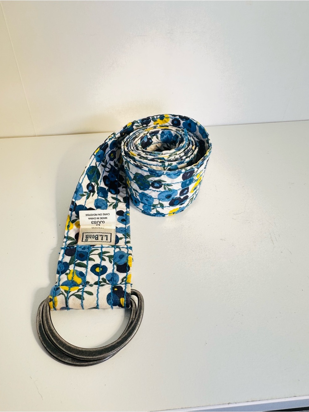 L.L. Bean Blue, Yellow & White wild blueberry Cotton D-Ring Belt size M